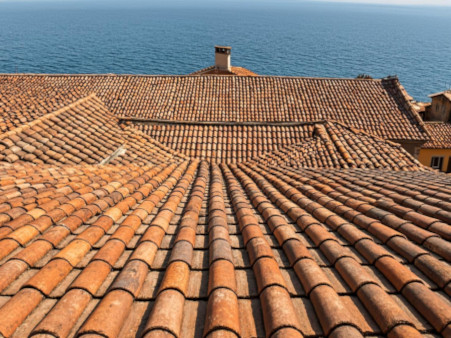 Toiture de villa à Fréjus avant nettoyage avec vue sur la mer
