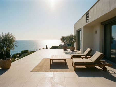 Terrasse moderne villa Fréjus avec vue mer
