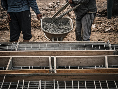 Coulage de béton avec treillis soudé sur un chantier