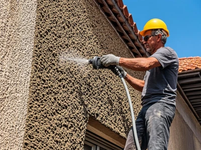 Projection enduit tyrolien machine pistolet maçon façade var