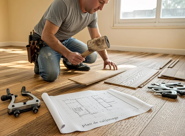 Artisan posant parquet flottant mesure outils Fréjus