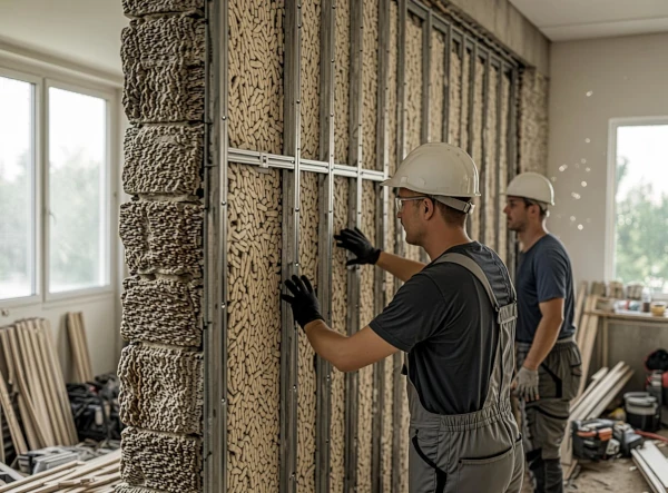 Pose de fourrures metalliques et isolation laine de roche sur mur extérieur à Fréjus