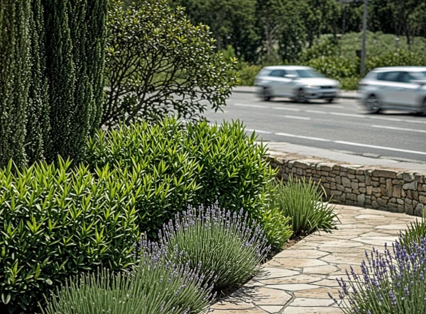 Haie de cyprès et oliviers formant une barrière végétale anti-bruit dans le Var